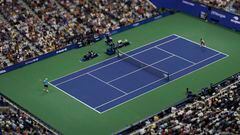 Flushing Meadows (United States), 04/09/2023.- A picture taken with a tilt-shift lens of Matteo Arnaldi of Italy returning the ball to Carlos Alcaraz of Spain during their fourth round match at the US Open Tennis Championships at the USTA National Tennis Center in Flushing Meadows, New York, USA, 04 September 2023. The US Open runs from 28 August through 10 September. (Tenis, Italia, España, Nueva York) EFE/EPA/CJ GUNTHER
