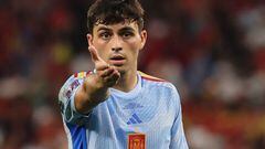 Spain's midfielder #26 Pedri gestures during the Qatar 2022 World Cup round of 16 football match between Morocco and Spain at the Education City Stadium in Al-Rayyan, west of Doha on December 6, 2022. (Photo by KARIM JAAFAR / AFP)