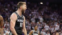 SACRAMENTO, CALIFORNIA - APRIL 30: Domantas Sabonis #10 of the Sacramento Kings reacts during the second quarter against the Golden State Warriors in game seven of the Western Conference First Round Playoffs at Golden 1 Center on April 30, 2023 in Sacramento, California. NOTE TO USER: User expressly acknowledges and agrees that, by downloading and or using this photograph, User is consenting to the terms and conditions of the Getty Images License Agreement.   Ezra Shaw/Getty Images/AFP (Photo by EZRA SHAW / GETTY IMAGES NORTH AMERICA / Getty Images via AFP)