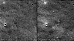 A combination picture of NASA Lunar Reconnaissance Orbiter (LRO) images shows the surface of the moon on June 27, 2020 and August 24, 2023, before and after the appearance of a crater, likely the impact site of Russia's Luna-25 mission, in these screengrabs obtained from a GIF image released August 31, 2023. NASA's Goddard Space Flight Center/Arizona State University via REUTERS  ATTENTION EDITORS - THIS IMAGE HAS BEEN SUPPLIED BY A THIRD PARTY. MANDATORY CREDIT.