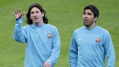 Deco, con Messi en un entrenamiento con el Barça.