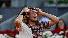 Greece's Stefanos Tsitsipas reacts during his 2023 ATP Tour Madrid Open tennis tournament singles match against Argentina's Sebastian Baez at the Caja Magica in Madrid on May 1, 2023. (Photo by OSCAR DEL POZO / AFP)
