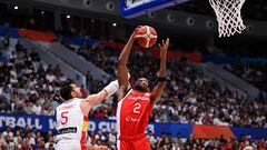 Canada�s Shai Gilgeous-Alexander (R) and Rudy Fernandez (L) vie for a ball during the FIBA Basketball World Cup match between Spain and Canada at Indonesia Arena in Jakarta on September 3, 2023. (Photo by ADEK BERRY / AFP)