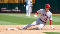 Sep 3, 2023; Oakland, California, USA; Los Angeles Angels designated hitter Shohei Ohtani (17) steals second base against the Oakland Athletics during the fifth inning at Oakland-Alameda County Coliseum. Mandatory Credit: Robert Edwards-USA TODAY Sports