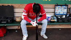 OAKLAND, CALIFORNIA - SEPTEMBER 01: Shohei Ohtani #17 of the Los Angeles Angels rests his head on his bat in the dugout before their game against the Oakland Athletics at RingCentral Coliseum on September 01, 2023 in Oakland, California.   Ezra Shaw/Getty Images/AFP (Photo by EZRA SHAW / GETTY IMAGES NORTH AMERICA / Getty Images via AFP)