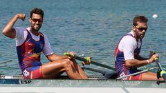 2022 European Championships - Rowing - Olympic Regatta Centre, Munich, Germany - August 13, 2022 Bronze medallist Spain's Jaime Canalejo Pazos and Javier Garcia Ordonez celebrate after the Men's Pair Final REUTERS/Wolfgang Rattay