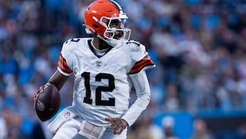 Aug 8, 2025; Charlotte, North Carolina, USA; Cleveland Browns quarterback Shedeur Sanders (12) looks down field during the second quarter against the Carolina Panthers at Bank of America Stadium. Mandatory Credit: Scott Kinser-The USAToday Network via Imagn Images