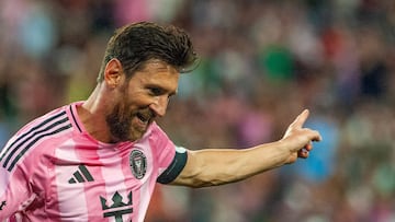 Inter Miami's Argentine forward #10 Lionel Messi celebrates after scoring a second goal during the Major League Soccer (MLS) regular season match between New England Revolution and Inter Miami CF at Gillette Stadium in Foxborough, Massachusetts on July 9, 2025. (Photo by Joseph Prezioso / AFP)