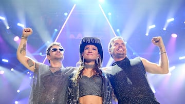 MADRID, SPAIN - JULY 20: Argentinian singers Felipe Colombo, Camila Bordonaba and Benjamín Rojas of band Erreway perform at stage during "Juntos Otra Vez Tour 2025" at Movistar Arena on July 20, 2025 in Madrid, Spain. (Photo by Borja B. Hojas/Getty Images)