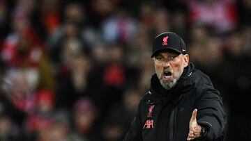 Liverpool's German manager Jurgen Klopp during the English Premier League football match between Liverpool and Leicester City at Anfield in Liverpool, north west England on December 30, 2022. (Photo by Oli SCARFF / AFP) / RESTRICTED TO EDITORIAL USE. No use with unauthorized audio, video, data, fixture lists, club/league logos or 'live' services. Online in-match use limited to 120 images. An additional 40 images may be used in extra time. No video emulation. Social media in-match use limited to 120 images. An additional 40 images may be used in extra time. No use in betting publications, games or single club/league/player publications. /