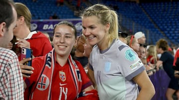 Norway's forward #14 Ada Hegerberg poses for a selfie following her team's 2-1 win in the UEFA Women's Euro 2025 Group A football match between Switzerland and Norway at the St Jakob-Park Stadium in Basel on July 2, 2025. (Photo by Miguel MEDINA / AFP)