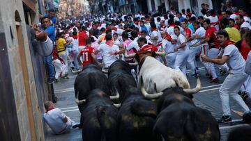 Los toros de la ganadería de Victoriano del Río recorren la calle estafeta durante el sexto encierro de San Fermín.