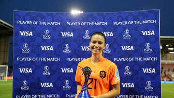 LEIGH, ENGLAND - JULY 13: Damaris Egurrola of The Netherlands is presented with the VISA Player Of The Match Award after their sides victory during the UEFA Women's Euro 2022 group C match between Netherlands and Portugal at Leigh Sports Village on July 13, 2022 in Leigh, England. (Photo by Jan Kruger - UEFA/UEFA via Getty Images)