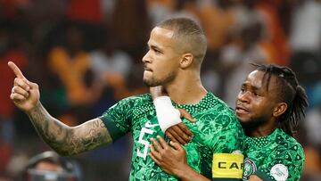 Bouake (Cote D''ivoire), 07/02/2024.- William Troost Ekong of Nigeria celebrates a goal during the CAF 2023 Africa Cup of Nations semi final soccer natch Nigeria vs South Africa held at Peace Stadium in Bouake, Cote DIvoire, 07 February 2024. (Costa de Marfil, Sudáfrica) EFE/EPA/Gavin Barker