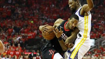 HOUSTON, TX - MAY 28: Trevor Ariza #1 of the Houston Rockets drives against Kevin Durant #35 of the Golden State Warriors In the first half of Game Seven of the Western Conference Finals of the 2018 NBA Playoffs at Toyota Center on May 28, 2018 in Houston, Texas. NOTE TO USER: User expressly acknowledges and agrees that, by downloading and or using this photograph, User is consenting to the terms and conditions of the Getty Images License Agreement. Ronald Martinez/Getty Images/AFP
== FOR NEWSPAPERS, INTERNET, TELCOS & TELEVISION USE ONLY ==
