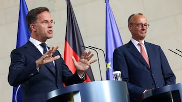 German Chancellor Friedrich Merz and NATO Secretary General Mark Rutte address the media, in Berlin, Germany, July 9, 2025. REUTERS/Christian Mang