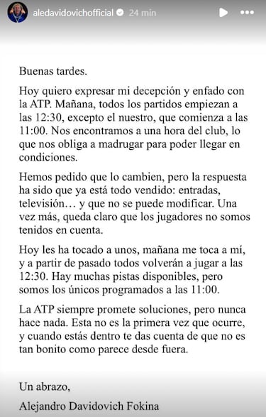 Davidovich quiere “más” y atiza a la ATP por su próximo horario