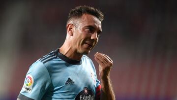 PAMPLONA, SPAIN - AUGUST 23: Iago Aspas of Celta Vigo reacts during the LaLiga Santander match between CA Osasuna and RC Celta de Vigo at Estadio El Sadar on August 23, 2021 in Pamplona, Spain. (Photo by Juan Manuel Serrano Arce/Getty Images)