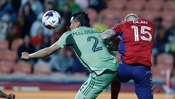 May 13, 2023; Sandy, Utah, USA; Los Angeles FC defender Denil Maldonado (2) and Real Salt Lake defender Justen Glad (15) battle in the second half at America First Field. Mandatory Credit: Jeff Swinger-USA TODAY Sports