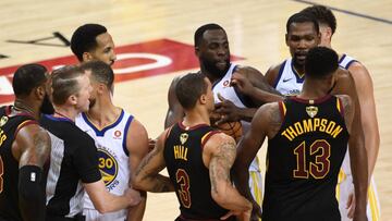 May 31, 2018; Oakland, CA, USA; Cleveland Cavaliers center Tristan Thompson (13) pushes Golden State Warriors forward Draymond Green (23) during overtime in game one of the 2018 NBA Finals at Oracle Arena. Mandatory Credit: Kyle Terada-USA TODAY Sports