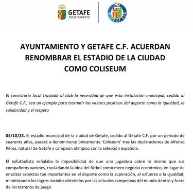 Getafe quita el nombre de Alfonso Pérez al Coliseum