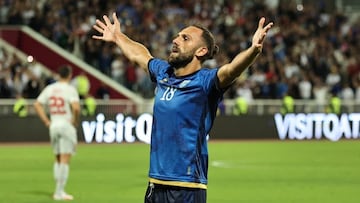 Vedat Muriqi, delantero del Mallorca, celebra un gol con su selección de Kosovo.