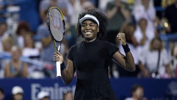 WASHINGTON, DC - JULY 22: Venus Williams celebrates after winning a women's single match against Peyton Stearns (not pictured) on day 2 of the Mubadala Citi DC Open 2025 at William H.G. FitzGerald Tennis Center on July 22, 2025 in Washington, DC. Scott Taetsch/Getty Images/AFP (Photo by Scott Taetsch / GETTY IMAGES NORTH AMERICA / Getty Images via AFP)