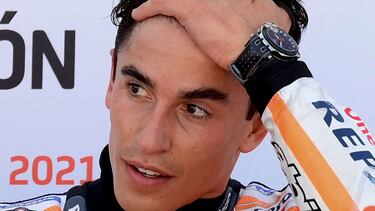 Honda Spanish rider Marc Marquez reacts after the Moto Grand Prix of Aragon at the Motorland circuit in Alcaniz on September 12, 2021. (Photo by LLUIS GENE / AFP)