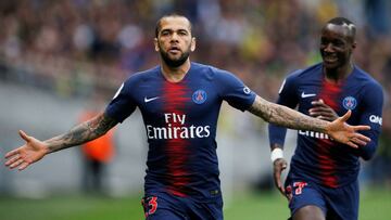 Soccer Football - Ligue 1 - Nantes v Paris St Germain - The Stade de la Beaujoire - Louis Fonteneau, Nantes, France - April 17, 2019 Paris St Germain's Dani Alves celebrates scoring their first goal REUTERS/Stephane Mahe