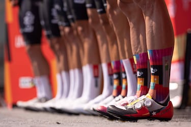 Detalles de las zapatillas de Elia Viviani, ciclista italiano de INEOS Grenadiers.