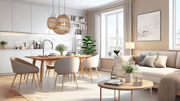 Stylish scandinavian living room with design mint sofa, furnitures, mock up poster map, plants and elegant personal accessories. Modern home decor. Bright and sunny room. Generative AI illustration