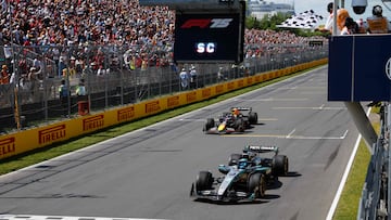 Russell cruza la meta por delante de Verstappen en Montreal.