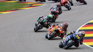 MotoGP - German Grand Prix - Sachsenring, Hohenstein-Ernstthal, Germany - July 13, 2025 Pramac Yamaha Moto2's Tony Arbolino, Red Bull KTM Ajo's Deniz Oncu, Fantic Racing's Barry Baltus and Liqui Moly Dynavolt Intact GP's Senna Agius in action during the Moto2 race REUTERS/Lisi Niesner
