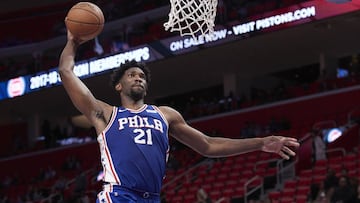 Oct 23, 2017; Detroit, MI, USA; Philadelphia 76ers center Joel Embiid (21) dunks in the second half against the Detroit Pistons at Little Caesars Arena. Mandatory Credit: Rick Osentoski-USA TODAY Sports