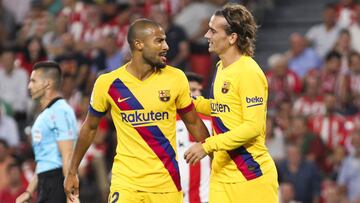 Soccer: La Liga - Athletic de Bilbao v Barcelona
Griezmann and Rafinha of Barcelona in action during La Liga Spanish championship, , football match between Athletic de Bilbao and Barcelona, August 16th, in Nuevo San Mames Stadium, Bilbao, Spain.