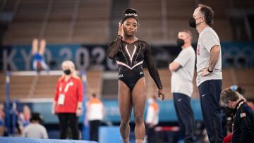 TOPSHOT - US gymnast Simone Biles takes part in a training session at the Ariake Gymnastics Centre in Tokyo on July 22, 2021, on the eve of the start of the Tokyo 2020 Olympic Games. (Photo by Loic VENANCE / AFP)