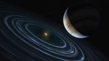 Space (---), 10/12/2020.- A handout photo made available by the European Space Agency (ESA) shows an artist's impression of Exoplanet HD 106906b (issued 11 December 2020). This 11-Jupiter-mass exoplanet called HD106906 b occupies an unlikely orbit around a double star 336 light-years away and it may be offering clues to something that might be much closer to home: a hypothesized distant member of our Solar System dubbed 'Planet Nine.' This is the first time that astronomers have been able to measure the motion of a massive Jupiter-like planet that is orbiting very far away from its host stars and visible debris disc. EFE/EPA/ESA/Hubble, M. Kornmesser HANDOUT HANDOUT EDITORIAL USE ONLY/NO SALES