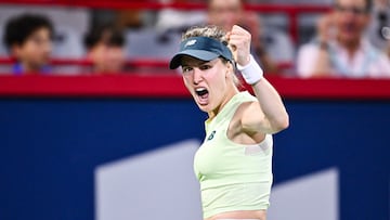 MONTREAL, CANADA - JULY 28: Eug�nie Bouchard of Canada celebrates a point against Emiliana Arango of Colombia during their first round match on Day Two of the WTA 1000 National Bank Open at IGA Stadium on July 28, 2025 in Montreal, Quebec, Canada. Minas Panagiotakis/Getty Images/AFP (Photo by Minas Panagiotakis / GETTY IMAGES NORTH AMERICA / Getty Images via AFP)