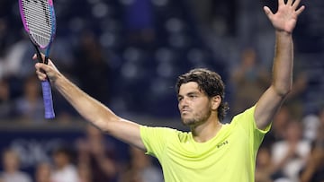 TORONTO, ONTARIO - AUGUST 03: Taylor Fritz of United States celebrates his win against Jiri Lehecka of Czech Republic during the National Bank Open Presented by Rogers at Sobeys Stadium on August 03, 2025 in Toronto, Ontario. Matthew Stockman/Getty Images/AFP (Photo by MATTHEW STOCKMAN / GETTY IMAGES NORTH AMERICA / Getty Images via AFP)