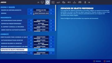 Encontraremos la opción "Espacios de Objeto Preferidos" dentro de "Ajustes => Juego"
