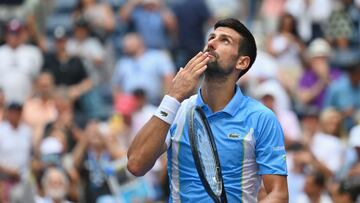 Serbia's Novak Djokovic reacts after defeating Spain's Bernabe Zapata Miralles during the US Open tennis tournament men's singles second round match at the USTA Billie Jean King National Tennis Center in New York on August 30, 2023. (Photo by ANGELA WEISS / AFP)