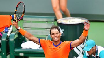 Rafael Nadal of Spain celebrates victory over Nick Kyrgios of Australia in their ATP quarterfinal match at the Indian Wells tennis tournament on March 17, 2022 in Indian Wells, California. - Nadal defeated Kyrgios 7-6(0), 5-7, 6-4. (Photo by Frederic J. BROWN / AFP)