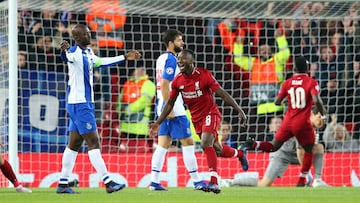 LIVERPOOL, ENGLAND - APRIL 09: Naby Keïta of Liverpool celebrates after scoring the opening goal during the UEFA Champions League Quarter Final first leg match between Liverpool and Porto at Anfield on April 09, 2019 in Liverpool, England. (Photo by