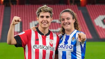 Garazi Murua y Nerea Eizagirre en San Mamés durante la presentación del derbi vasco.