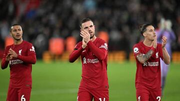 LIVERPOOL, ENGLAND - DECEMBER 30: ( THE SUN OUT.THE SUN ON SUNDAY OUT) Jordan Henderson captain of Liverpool
at the
end of Premier League match between Liverpool FC and Leicester City at Anfield on December 30, 2022 in Liverpool, England. (Photo by Andrew Powell/Liverpool FC via Getty Images)