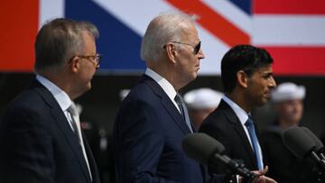 SAN DIEGO, CA - MARCH 13: U.S. President Joe Biden delivers remarks on Australia â United Kingdom â United States (AUKUS) Partnership as Prime Minister Rishi Sunak of the United Kingdom and Prime Minister Anthony Albanese of Australia participate at Naval Base Point Loma in San Diego, California, United States on March, 13, 2023. (Photo by Tayfun Coskun/Anadolu Agency via Getty Images)