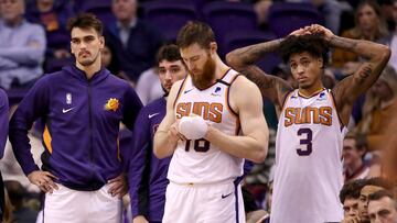 PHOENIX, ARIZONA - JANUARY 07: (L-R) Dario Saric #20, Jalen Lecque #0, Aron Baynes #46 and Kelly Oubre Jr. #3 of the Phoenix Suns react on the bench during the second half the NBA game against the Sacramento Kings at Talking Stick Resort Arena on January 07, 2020 in Phoenix, Arizona. The Kings defeated the Suns 114-103. NOTE TO USER: User expressly acknowledges and agrees that, by downloading and or using this photograph, user is consenting to the terms and conditions of the Getty Images License Agreement. Mandatory Copyright Notice: Copyright 2020 NBAE. Christian Petersen/Getty Images/AFP
== FOR NEWSPAPERS, INTERNET, TELCOS & TELEVISION USE ONLY ==