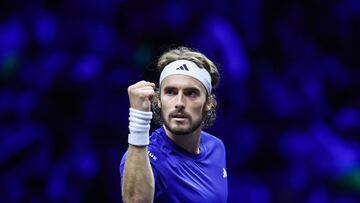 Greece's Stefanos Tsitsipas of Team Europe celebrates after winning against Australia's Thanasi Kokkinakis of Team World during their 2024 Laver Cup men's singles tennis match in Berlin, Germany on September 20, 2024. (Photo by Ronny Hartmann / AFP)