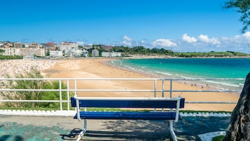 Santander, Spain - July 9, 2021: Sardinero beach in Santander, seen from a park