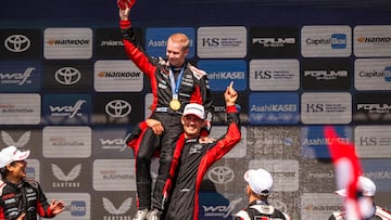 Kalle Rovanperä (FIN) Jonne Halttunen (FIN) Of Toyota Gazoo Racing Wrt celebrate on the podium in first place after winning the World Rally Championship in Jyvasküla, Finland on 3.08.2025 with Takamoto Katsuta (JPN) Aaron Johnston (IRL) Of Toyota Gazoo Racing Wrt seccond and Sébastien Ogier (FRA) Vincent Landais (FRA) Of Toyota Gazoo Racing Wrt third place // Jaanus Ree / Red Bull Content Pool // SI202508030326 // Usage for editorial use only //